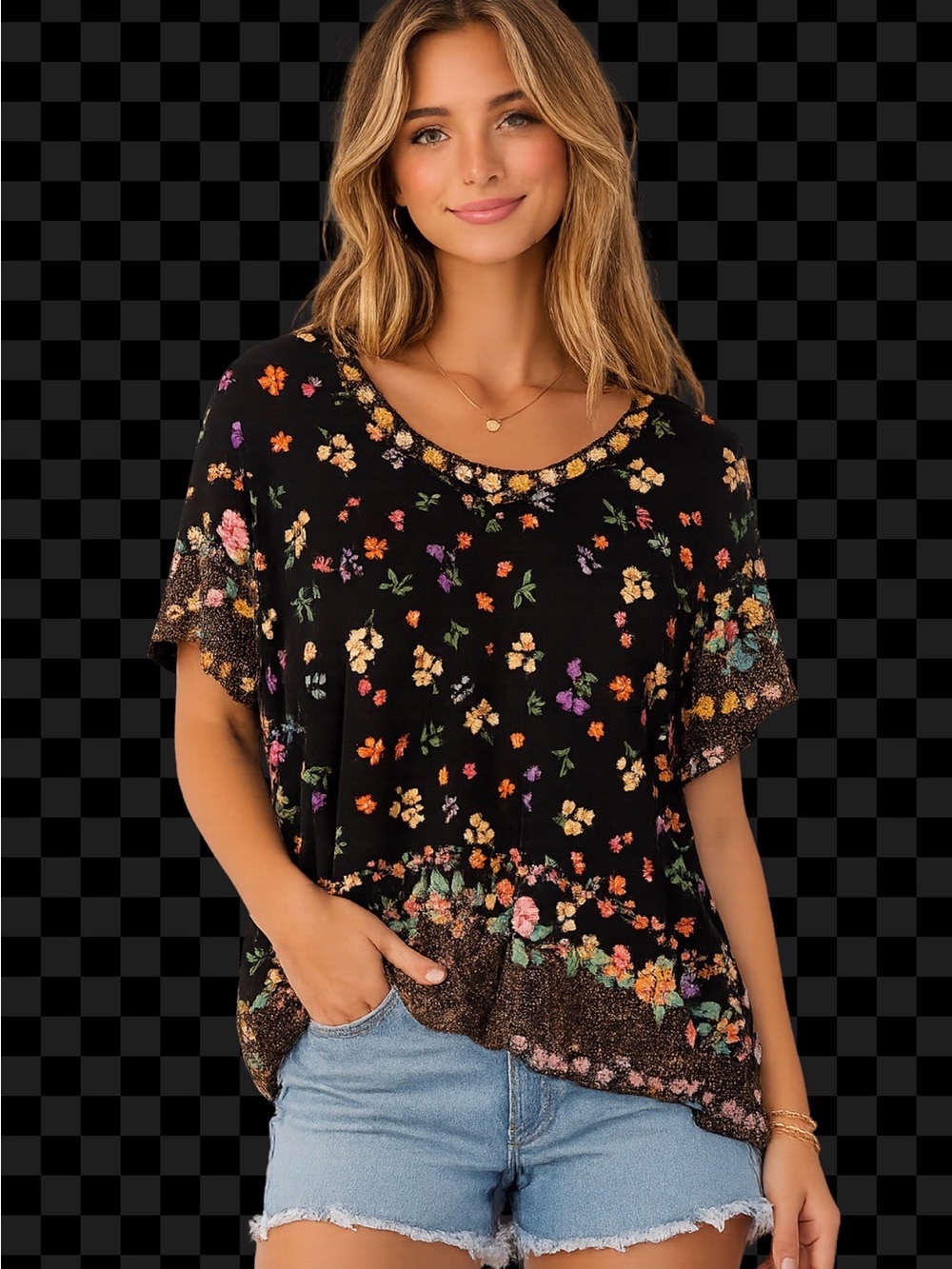 Johnny Was Women's Black Floral Short Sleeve Top - Black Floral